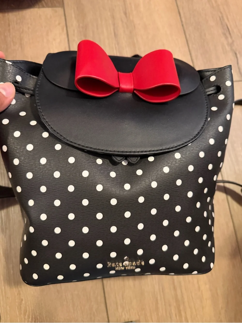 kate spade Black Polka Dot Backpack with Red Bow Accent